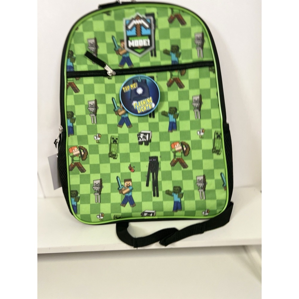 Minecraft 16" Boys Backpack‎ – Green w/ Light-Up Badge – School Laptop Bag